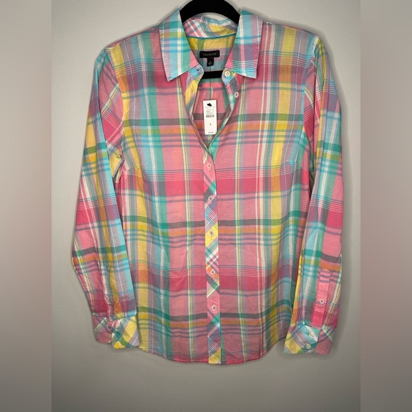 NEW Talbots 100% Cotton Button-Front Shirt – Pastel Easter Plaid – Women’s S - Picture 2 of 8